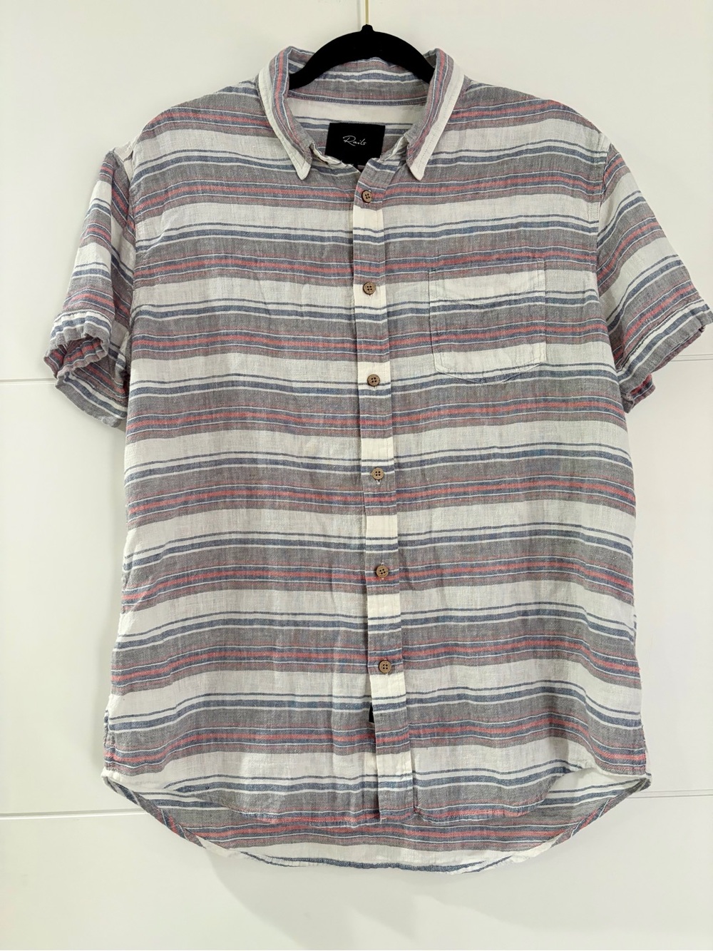 Rails Striped Short Sleeve Shirt, Men’s M Linen and Rayon Button Down Shirt